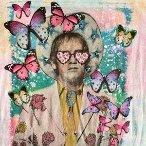 Gina Tees Pastel Tie Dye Elton John Cowboy Butterfly Tshirt Swarovski Crystals